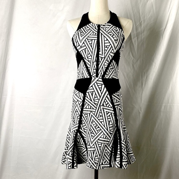Parker Neve Fit & Flare Dress Black & White Geometric Print BodyCon XS - Picture 1 of 8